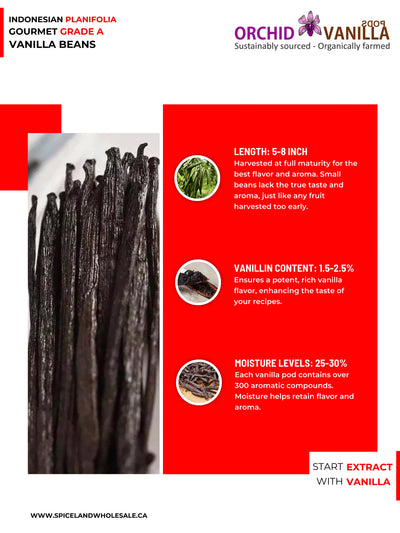 Indonesian Vanilla (Sumatra) Planifolia Gourmet Grade-A Beans<br>For Extract And Baking<BR>1/4 lb, 1/2 lb, 1 lb, 2 lb