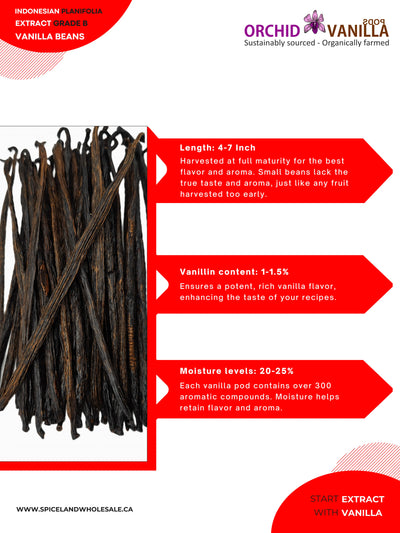 Indonesian Vanilla Beans (Sumatra) Planifolia Extract Grade-B <br>For Extract Making<BR>5 count, 15 count, 25 count, 50 count, 100 count