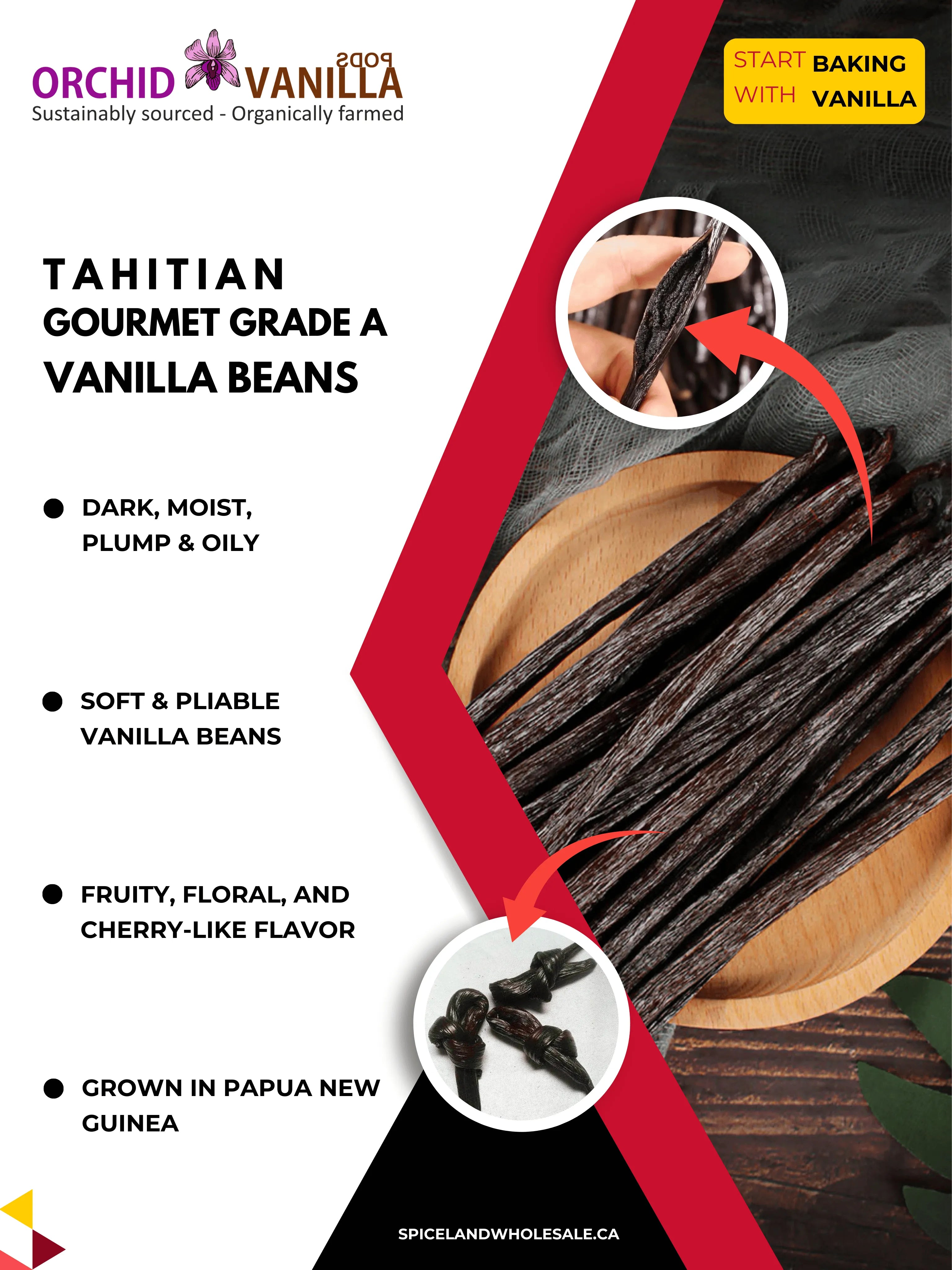 Gousses de Vanille de Tahiti Gourmet Grade-A<br> Pour l'extrait et la cuisson<br> 5 comptes, 15 comptes, 25 comptes, 50 comptes, 100 comptes