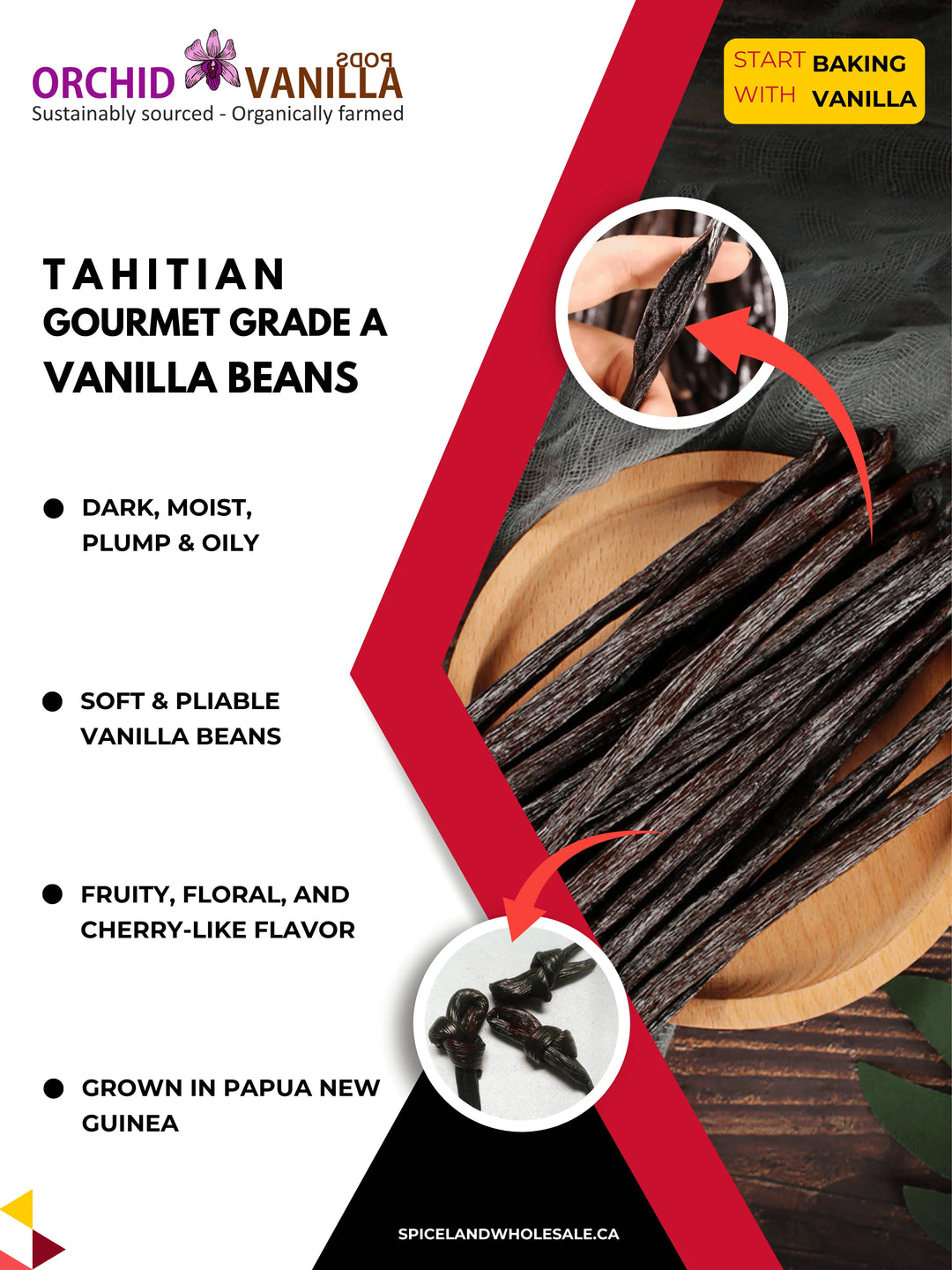 Gousses de Vanille de Tahiti Gourmet Grade-A<br> Pour l'extrait et la cuisson<br> 1 once, 3 onces, 5 onces, 10 onces, 20 onces, 30 onces